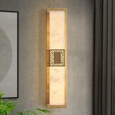 Image of TRIVIDHA Modern Marble Wall Lamp Natural Alabaster Sconce Lone Linear Sconces Brass Base Bathroom Vanity Light Fixtures For Living Room Bedroom Hallway Dining