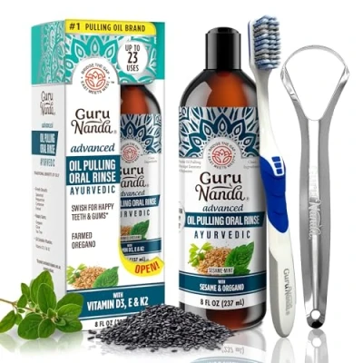 Image of GuruNanda Advanced Formula Oil Pulling with Tongue Scraper for Healthy Teeth &amp; Gums Vitamin D,E Coconut Natural Mouthwash, Helps Fresh Breath Whitening (237mL)