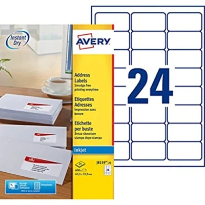 Image of Avery J8159 25 Box of 600 Address Labels for Inkjet Printer 63.5x33.9 mm White
