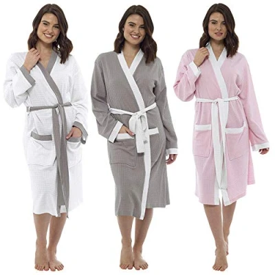 Image of C/U Ladies 100% Cotton Waffle Dressing Gown Robe Contrast Trim S M L (Small, Pink)