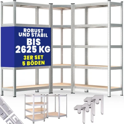 Image of Monzana® Heavy Duty Corner Shelving Unit Set of 3 15 MDF Panels Garage Basement Racking Storage Workshop Shelves 2x 180x90x40cm 1x 180x70x40cm 2625KG Load Capacity