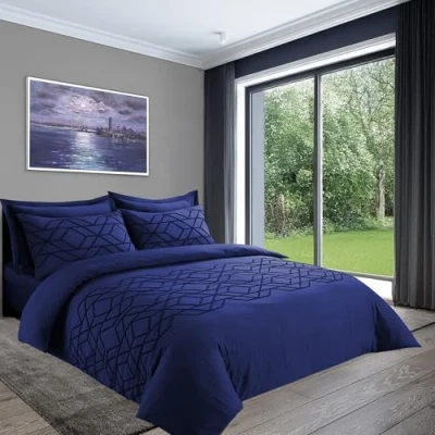 Image of LYMA Bedding Duvet Cover Set Double Geometric Tufted, OEKO TEX Certified, Ultra Soft NanoPlush Brushed Quick Dry &amp; Button Closure, Wrinkle Fade Resistant Quilt with Pillowcases (Navy)