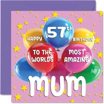 Image of 57th Mum Birthday Card World&#039;s Most Amazing Happy for from Daughter Son, 145mm x Age 57 Fifty Seven Greeting Cards Mother Mom