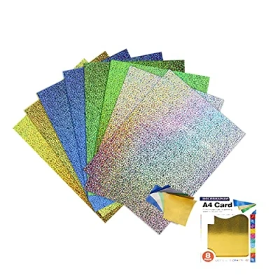Image of A4 Holographic Card, Pack of 8 Sheets, Standard in 4 Colours. Including Gold, Silver, Green and Blue, Card stock 210GSM for Art Crafts (Holographic Card)