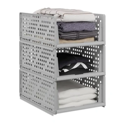 Image of Relaxdays Wardrobe Organiser, Set of 3, Stackable Storage Boxes, 18 x 33.5 43.5 cm, Pull Out Design, Grey