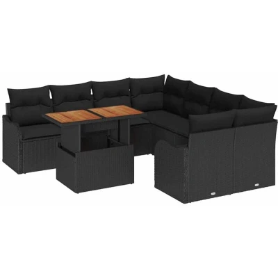 Image of vidaXL 9 Piece Garden Sofa Set with Cushions Black Poly Rattan