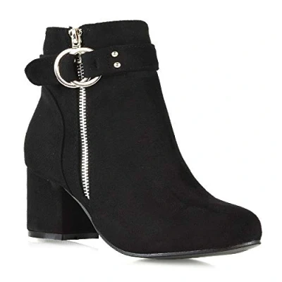 Image of ESSEX GLAM Womens Ankle Boots Block Low Mid Heel Ladies Zip Buckle Strap Smart Booties Shoes Black Faux Suede
