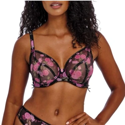 Image of Freya Womens Rose Blossom Plunge Bra Black Polyamide Size 34FF