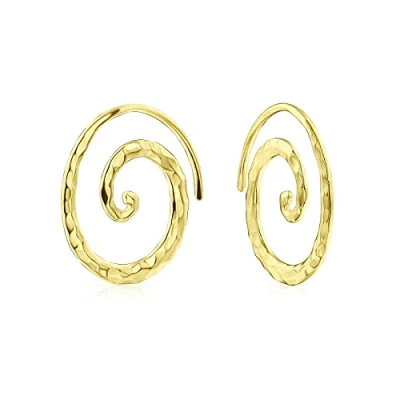 Image of Boho Geometric Tribal Swirl Hammered Wire Spiral Hoop Threader Earrings For Women Teen Yellow Gold Plated .925 Sterling Silver