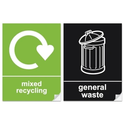 Image of SAFESIGN Recycling Bin Stickers Self Adhesive PVC Pack of 2 Signs General Waste and Mixed 150mm x 100mm Safety Health Waterproof Vinyl Conforms to EN ISO 7010:2012