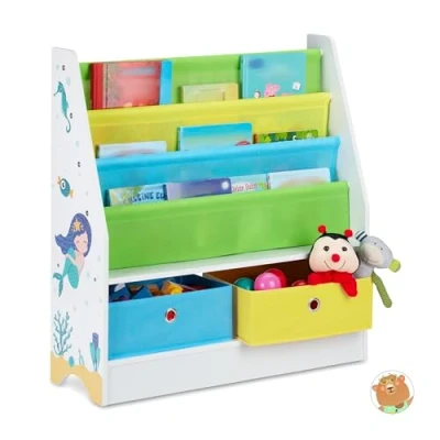 Image of Relaxdays Children&#039;s Shelf, Mermaid Motif, 2 Boxes, 3 Compartments, Toy Storage, Bookshelf HWD: 74x71x23 cm, Colourful