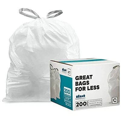 Image of Plasticplace Trash Bags Compatible with simplehuman Code C (200 Count) White Drawstring Garbage Liners 2.6 3.2 Gallon / 10 12 Liter, 14.75&quot; x 20&quot;