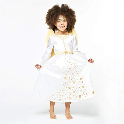 Image of amscan 9904056 Kids Angel Dress, Wings &amp; Headband Girls Christmas Nativity Fancy Dress Costume Large Star Pattern Age: 7 8 Years