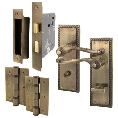 Image of EAI Antique Brass Georgian Scroll Bathroom Door Handle Set 1 Pair Internal Lever Handles, Hinges &amp; Lock (64mm) Rope Design