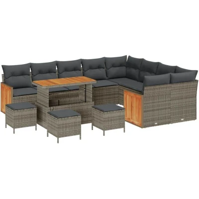 Image of vidaXL 13 Piece Garden Sofa Set with Cushions Grey Poly Rattan Acacia