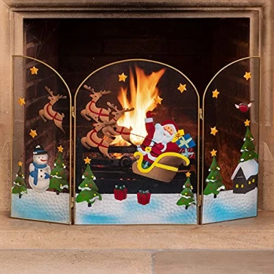 Image of CHRISTOW Christmas Fireguard Fireplace Screen, Arched Metal Mesh Fire Screen H49cm (Santa &amp; Sleigh)