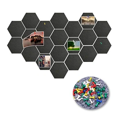 Image of 20 Pcs Pin Board Hexagon Felt Tiles, Black Self Adhesive Bulletin Board, Memo Notice with Pieces Push Pins, Decoration for Home Office Classroom Wall
