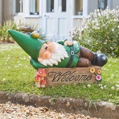 Image of Garden Gnome Welcome Sign, 53 cm Long, Hand Painted Outdoor Decoration, Green