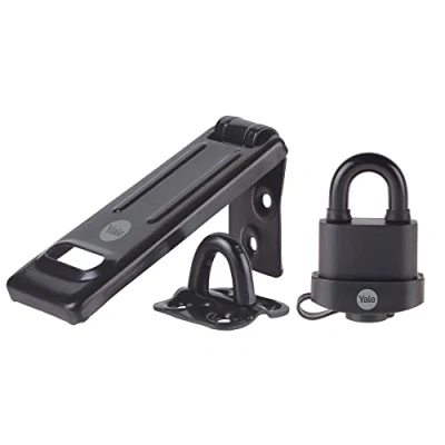 Image of Yale Y220B/51/118/HSP Steel Hasp &amp; Weatherproof Padlock Outdoor use Secure Gates Sheds 3 Keys High Protection