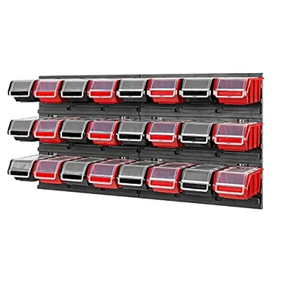 Image of PAFEN Storage System, Stacking Boxes with Lid, Wall Shelf, 772 x 390 cm, Pack of 24 Boxes, Tool Wall, Workshop Chute Rack, Black/Red