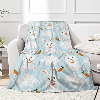 Image of JOOCAR Easter Bunny Throw Blanket Cartoon Cute and Carrot White Cloud Blue Cozy&amp;Soft Plush Blankets for Bed Couch Living Room Sofa Chair,60x80 Inch