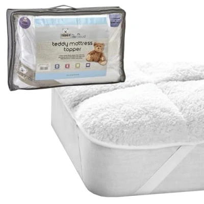 Image of Luxury Super Soft Sherpa Fleece Teddy Mattress Topper Thermal Bed Protector 3cm Thick Enhancers, Fluffy Stitch Elastic Corner Straps 2Inch Deep Fitted Toppers Warm Cosy White Sheet (4Ft Double)