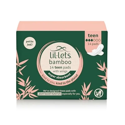 Image of Lil Lets Teens Bamboo Day Pads X 14, Petite Towels/Pads for Girls &amp; Teenagers, with Wings, Plant Based Materials, Contains Sustainable Bamboo, Light to Medium Flow