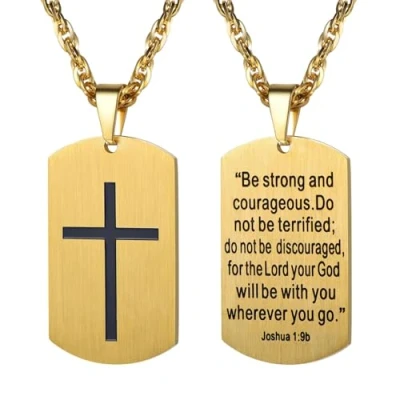 Image of PROSTEEL Gold Christian Jewelry Dog Tag Cross Crucifix Necklace Pendant Plated Chain