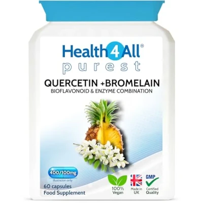 Image of Health4All Quercetin 400mg + Bromelain 100mg 60 Capsules (V) Natural Antihistamine. Vegan Immune Support Supplement