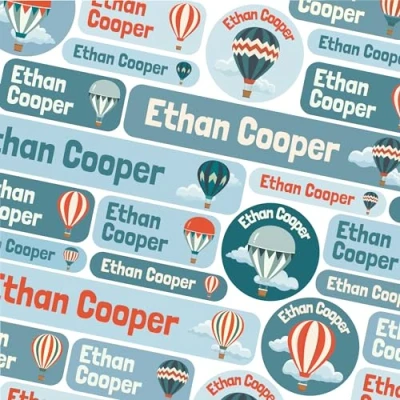 Image of 50 Name Labels for Kids No Iron Tags Clothes Stickers Water Bottles, School Uniform, School, Nursery, Care Homes, Washable and Dishwasher Safe Children (Hot Air Balloons)
