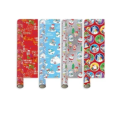Image of 4 X 5M Traditional Rolls Christmas Xmas Wrapping Paper Assorted Designs Santa Sleigh Rudolph Snowman Elf Penguin