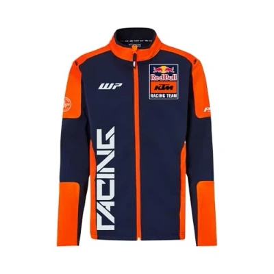 Image of Red Bull KTM Replica Team Softshell Jacket Men Sizes S to 3XL Official Merchandise, Racing Logos, Dynamic Print, Breathable, Wind Resistant, blue/orange, XL 4XL