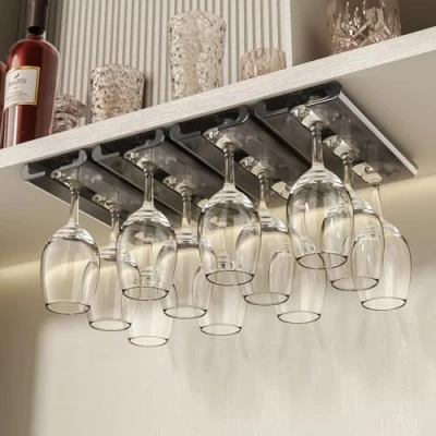 Image of Vaisoeny Wine Glass Holder, 4Pack Holder Under Cabinet, No Drilling Installation Rack, Stemware Hanging Rack for Kitchen and Bar (Amber)