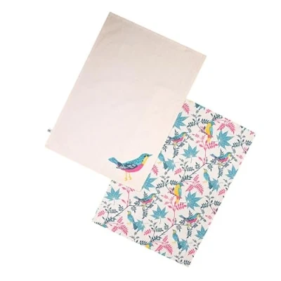 Image of RHS Birds Organic Cotton Set of 2 Tea Towels Stone