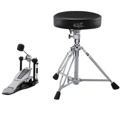 Image of Roland Dap 3X Essential V Drums Accessories, Includes A Pair of Hickory Made Drumsticks, Kick Pedal with New EmBOSSed Logo Footplate, And Drum Throne Double Braced Tripod