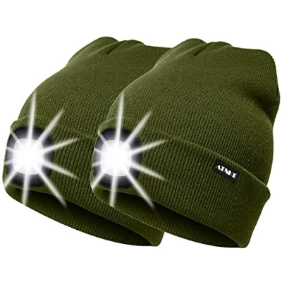 Image of ATNKE 2Pcs New Warm LED Lighted Beanie Cap Unisex USB Rechargeable Running Hat Ultra Bright 4 Waterproof Light Lamp Multi color (Army Green, 2PCS)