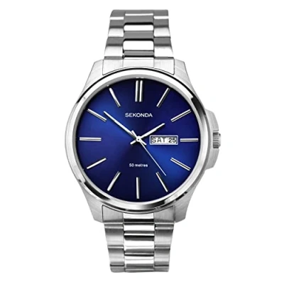 Image of Sekonda Jones Classic Men&#039;s 40mm Quartz Watch in Blue with Analogue Day/Date Display, and Silver Stainless Steel Strap 1224