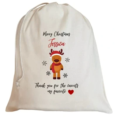 Image of Second Ave Cute Personalised Merry Christmas Reindeer Xmas Santa Sack Bag