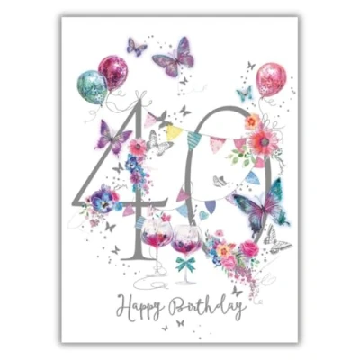 Image of Noel Tatt Female Age 40 Milestone Birthday Card 40th Butterflies, Balloons &amp; Cocktails Eco Friendly Recyclable