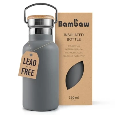 Image of Bambaw Insulated Water Bottle 350ml, Grey Bottle, Stainless Steel Leakproof Metal Hiking Thermos Flask Stormy