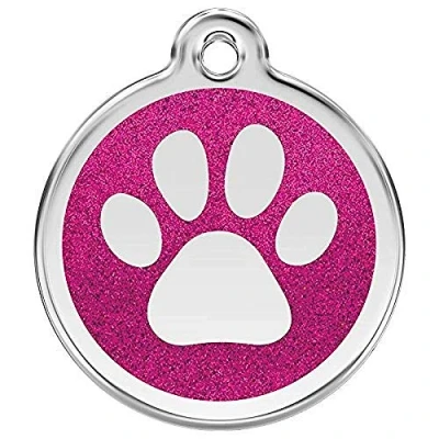 Image of Red Dingo Glitter Paw Print Dog ID Tag (Hot Pink, Small)