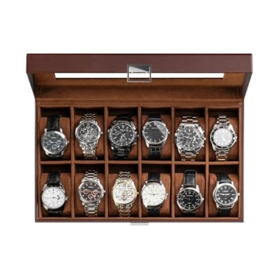 Image of ProCase Watch Box Organizer for Men, 12 Slot Display Case With Glass Lid, PU Leather Storage Mens Case, Holder Men Women Slot, Brown