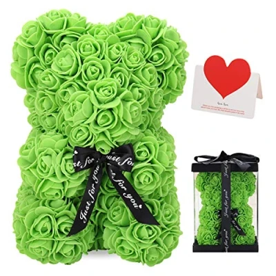 Image of FVXR Rose Bear, Teddy Bear 10 Inch Dozen Flowers Artificial Plants Decorations, Gift for Valentines Day, Mothers Christmas,Birthday,Wedding Party Decorations with Clear Box (15 Green)