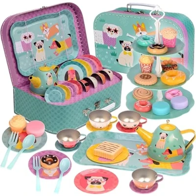 Image of Jewelkeeper 42 Piece Tin Tea Party Set for Little Girls with Pretend Food, Durable Carrying Case, Cute Dog Design Imaginative Play