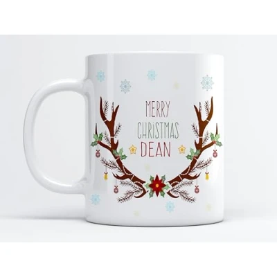 Image of EKAM Personalised Christmas Tea Mug, Customised with Your Name, Different Design Reindeer Coffee Gift for Christmas, Family, Friends, Mum, Dad, Kids, Mug (Design 2)