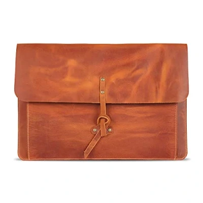 Image of Londo Real Grain Leather MacBook Pro Case with Front Pocket &amp; Flap Closure (Camel, 15 16 Inches)