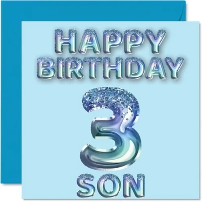 Image of 3rd Birthday Card for Son Blue Glitter Party Balloons Happy Cards 3 Year Old from Mum Dad Parents, 145mm x Bday Greeting Gift