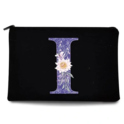 Image of 26 Letter Printed Zip Canvas Pouch Makeup Bag Make Up Bag, Cosmetic Travel Bag,Toiletry Bag,Organizer Bags,Toiletry Bags, Bride Bridesmaid Bag,Pencil Bag,Wash Bag,Coin Purse (Purple Flower I)