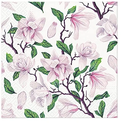 Image of 3Ply Flowery Tissue Paper Napkins Serviettes for Decoupage 33cm x Pack of 20 (Greeting Magnolia)