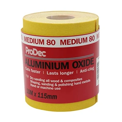 Image of ProDec 10m Roll 80 Grit Medium Grade Yellow Aluminium Oxide Abrasive Sanding Paper for Wood, Paint, Plaster, Filler, Metal and More, 115mm Wide Sandpaper Compatible with Machine Sanders